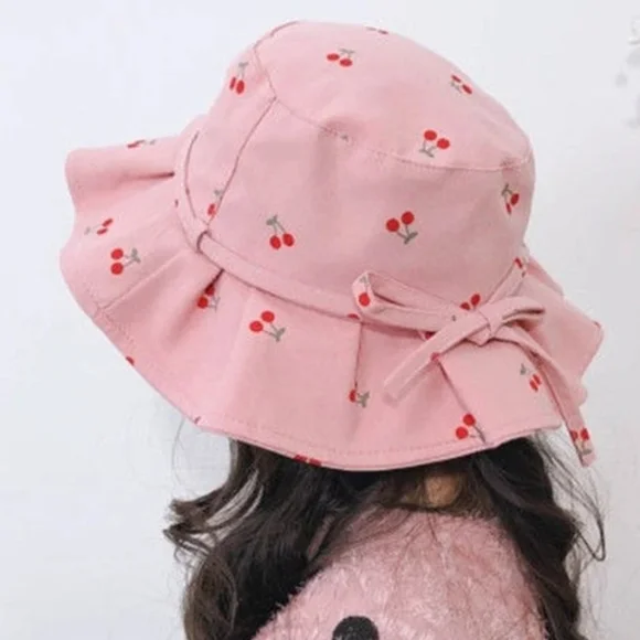 Cherry Print Bucket Hat Kids Beach Sun Bonnet Fisherman Pink Summer Bow Cap - Picture 2 of 3